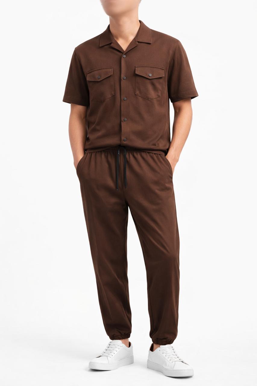 Men’s Beige Relaxed Fit Co-Ord Set Half Sleeve Shirt & Jogger Pants