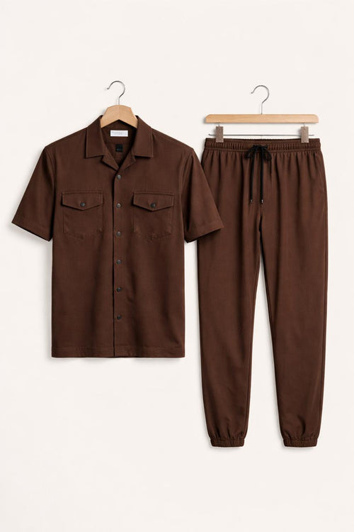 Men’s Beige Relaxed Fit Co-Ord Set Half Sleeve Shirt & Jogger Pants