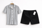 Men’s Grey Vertical Stripe Short Sleeve Shirt & Black Drawstring Shorts Set