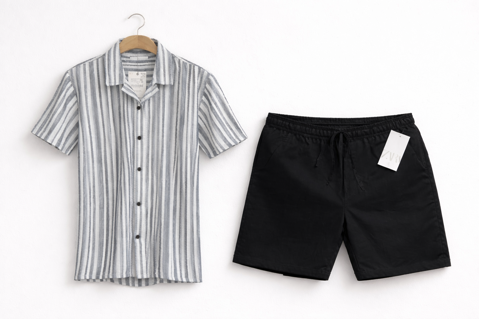 Men’s Grey Vertical Stripe Short Sleeve Shirt & Black Drawstring Shorts Set