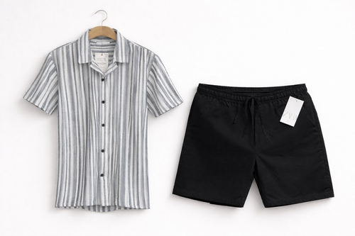 Men’s Grey Vertical Stripe Short Sleeve Shirt & Black Drawstring Shorts Set