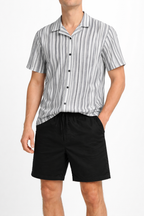 Men’s Grey Vertical Stripe Short Sleeve Shirt & Black Drawstring Shorts Set