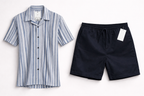 Men’s Grey Vertical Stripe Short Sleeve Shirt & Black Drawstring Shorts Set