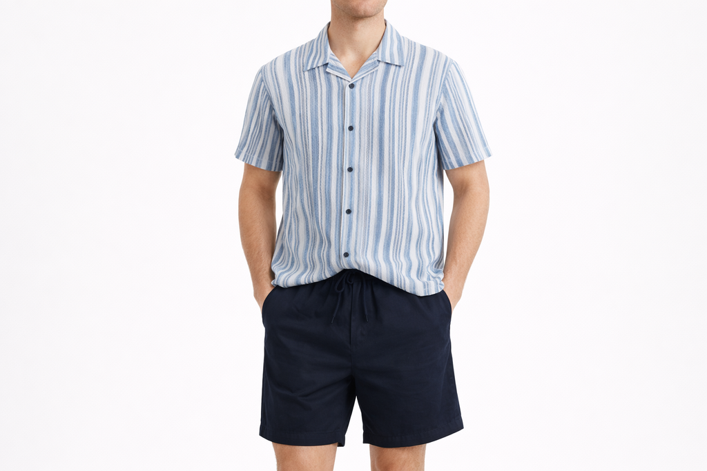 Men’s Grey Vertical Stripe Short Sleeve Shirt & Black Drawstring Shorts Set