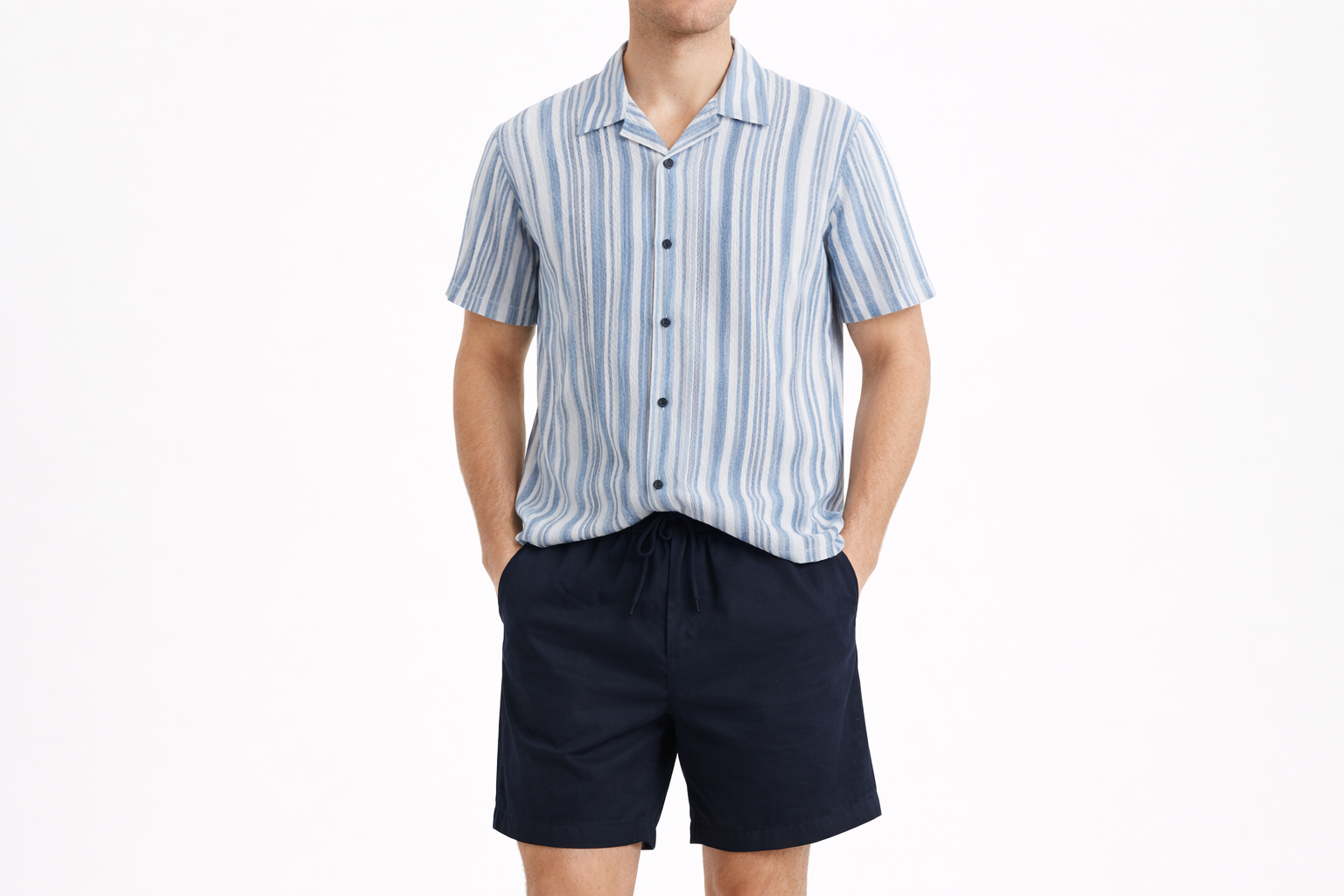 Men’s Grey Vertical Stripe Short Sleeve Shirt & Black Drawstring Shorts Set