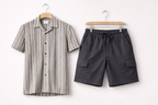 Men’s Grey Vertical Stripe Short Sleeve Shirt & Black Drawstring Shorts Set