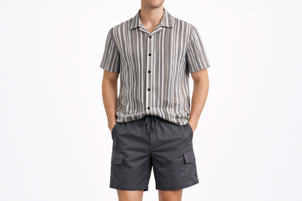 Men’s Grey Vertical Stripe Short Sleeve Shirt & Black Drawstring Shorts Set