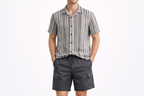 Men’s Grey Vertical Stripe Short Sleeve Shirt & Black Drawstring Shorts Set
