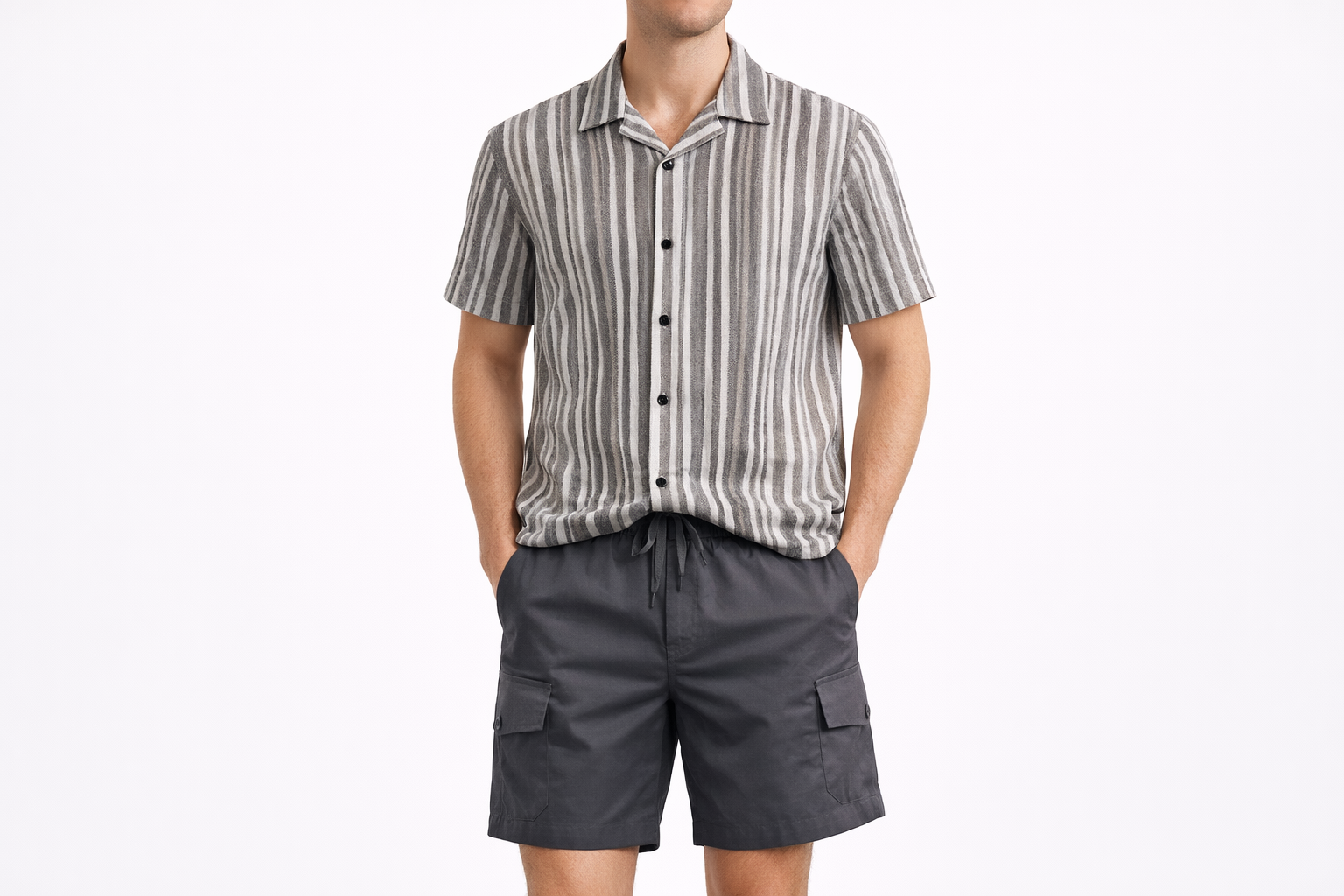 Men’s Grey Vertical Stripe Short Sleeve Shirt & Black Drawstring Shorts Set