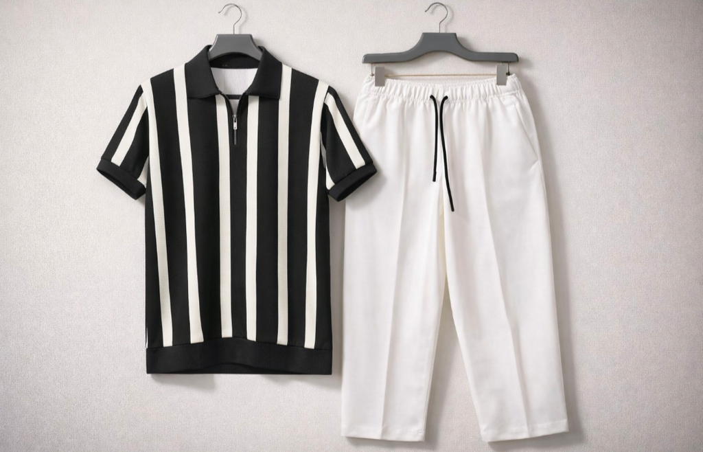 Minimalist Old Money Outfit Black T-Shirt & White Trouser Set for Men