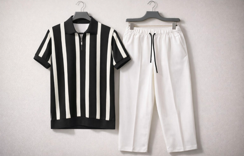 Minimalist Old Money Outfit Black T-Shirt & White Trouser Set for Men