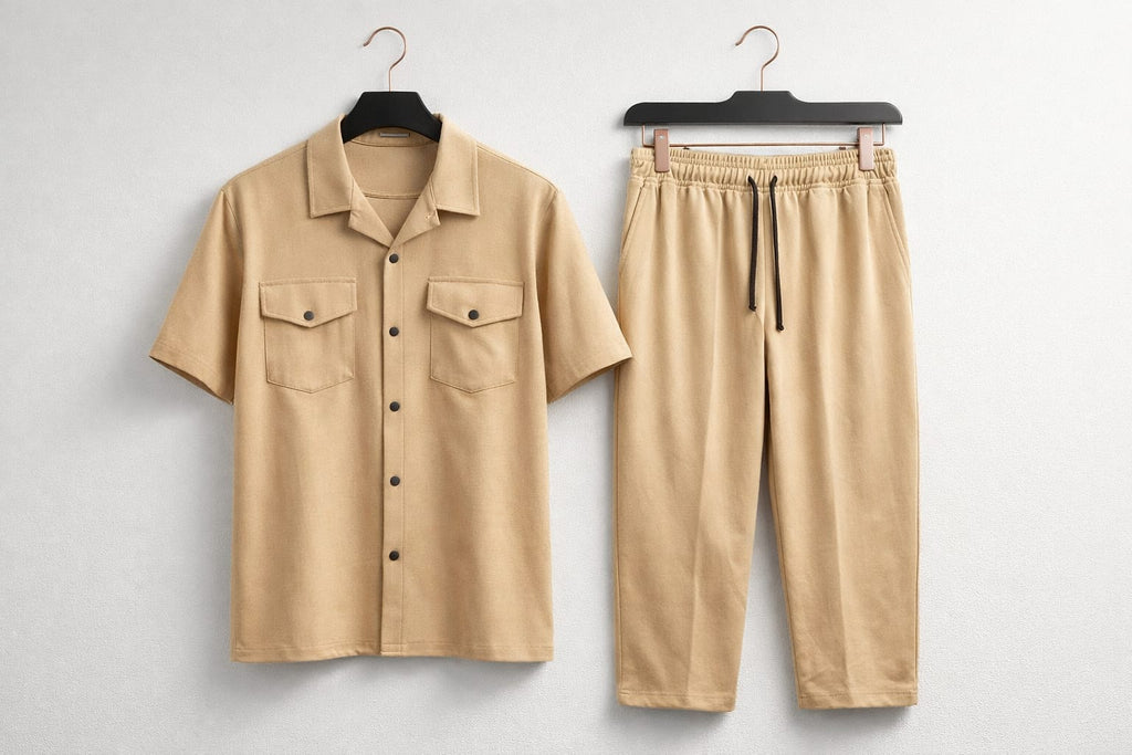 Men’s Beige Relaxed Fit Co-Ord Set Half Sleeve Shirt & Jogger Pants