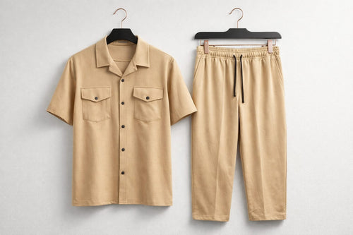 Men’s Beige Relaxed Fit Co-Ord Set Half Sleeve Shirt & Jogger Pants