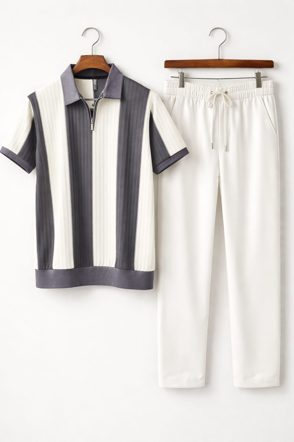 Premium Vertical Stripe Zip Polo Set – Classic Grey & White Trouser Matching Outfit