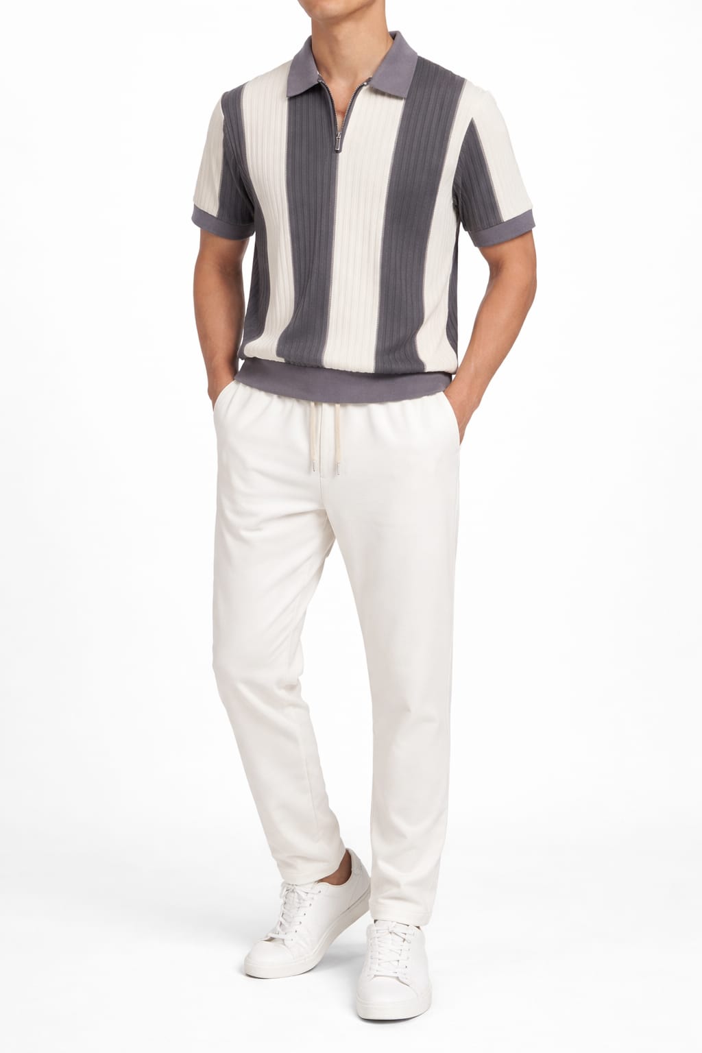 Premium Vertical Stripe Zip Polo Set – Classic Grey & White Trouser Matching Outfit