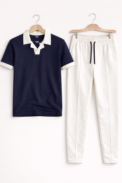 Men’s Navy Blue Polo T-Shirt & White Trouser Co-Ord Set – Premium Summer Outfit
