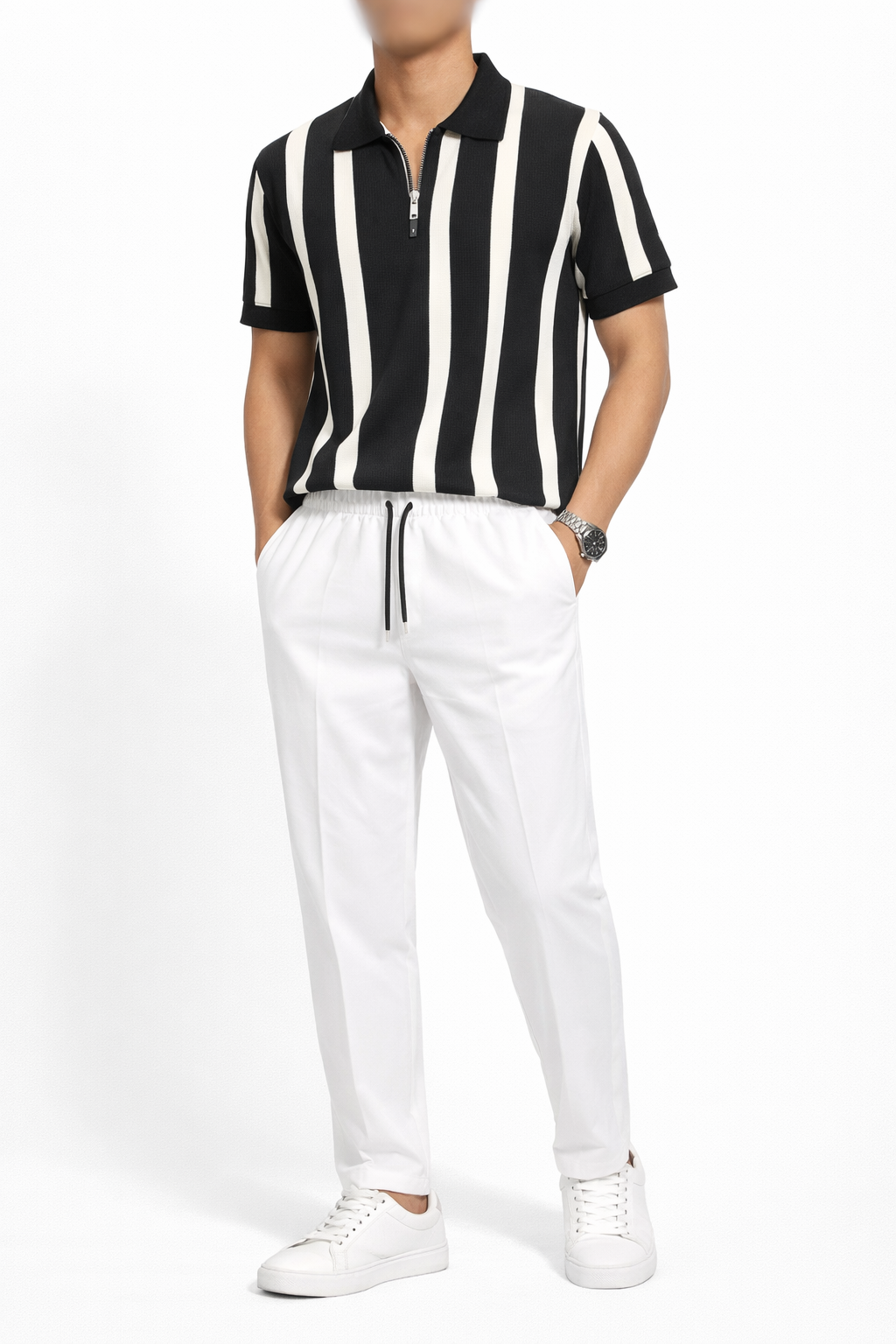 Minimalist Old Money Outfit Black T-Shirt & White Trouser Set for Men
